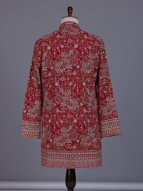 Red georgette mens kurta suit with mirror floral jaal