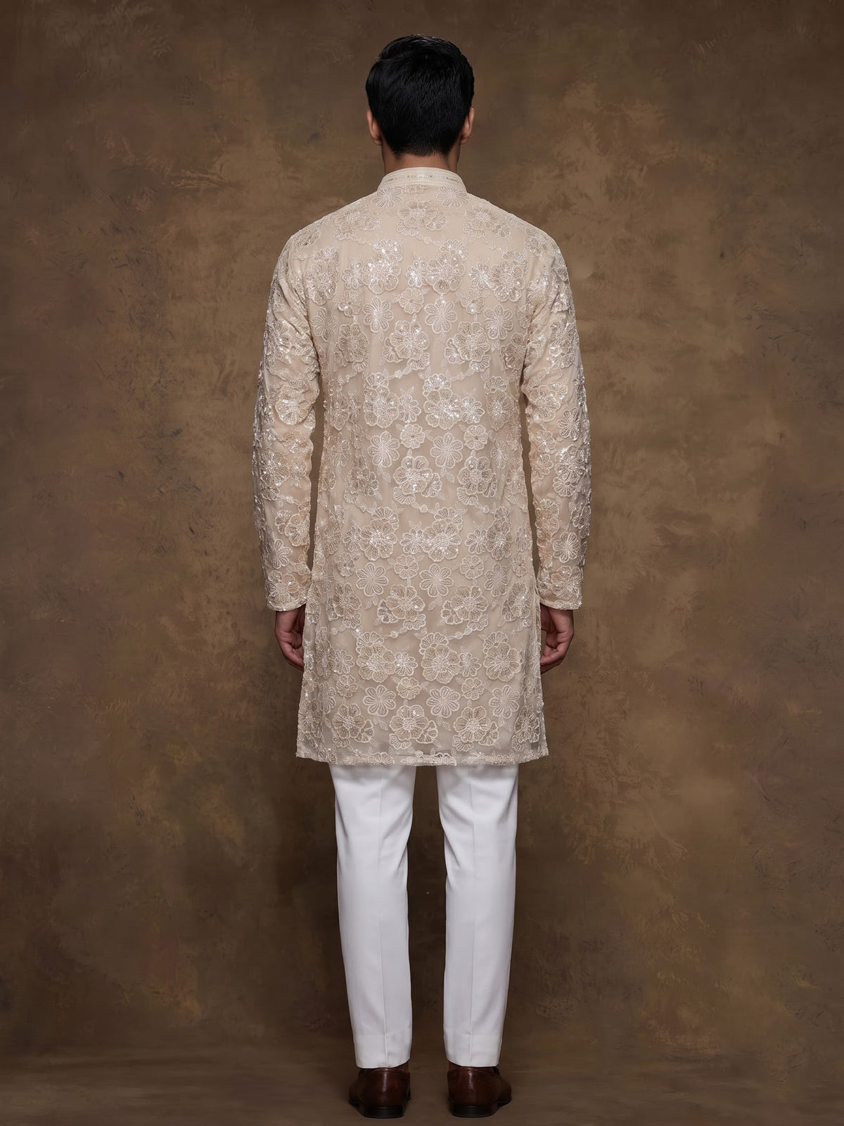 Beige net mens kurta suit with opulent floral sequin embroidery