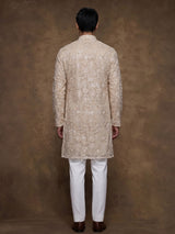 Beige net mens kurta suit with opulent floral sequin embroidery