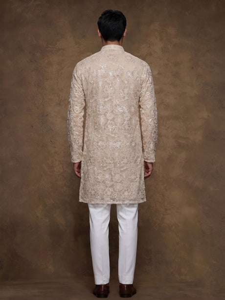 Beige net mens kurta suit with opulent floral sequin embroidery