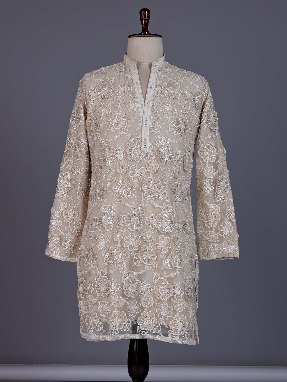 Beige net mens kurta suit with opulent floral sequin embroidery