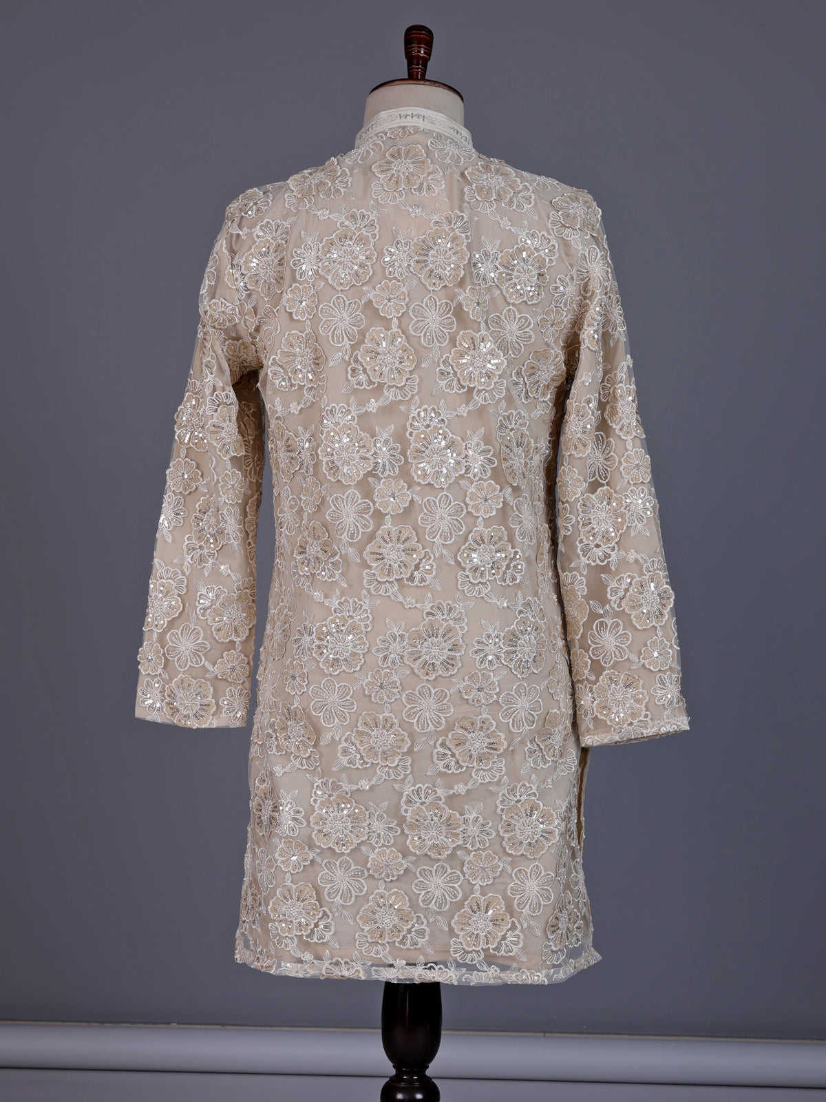 Beige net mens kurta suit with opulent floral sequin embroidery