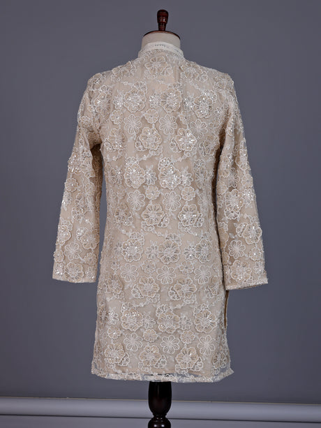 Beige net mens kurta suit with opulent floral sequin embroidery
