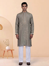 Pastel olive mens kurta suit with asymmetric floral zardosi detailing