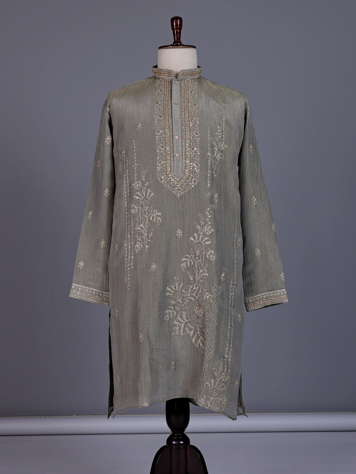 Pastel olive mens kurta suit with asymmetric floral zardosi detailing