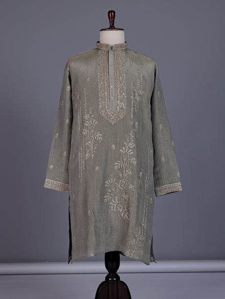 Pastel olive mens kurta suit with asymmetric floral zardosi detailing