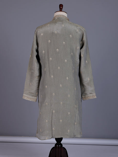 Pastel olive mens kurta suit with asymmetric floral zardosi detailing