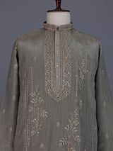 Pastel olive mens kurta suit with asymmetric floral zardosi detailing