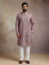 Pastel lavender purple mens kurta suit with cascading floral embellishments