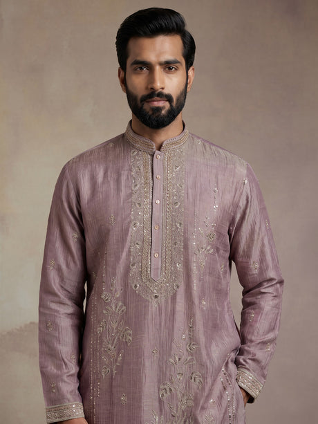 Pastel lavender purple mens kurta suit with cascading floral embellishments