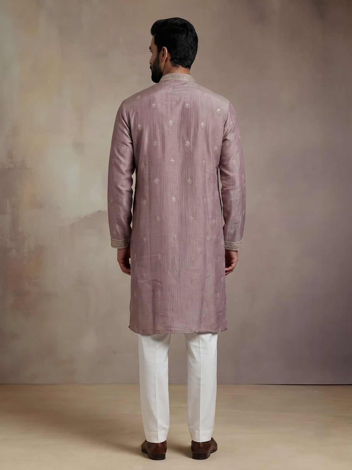 Pastel lavender purple mens kurta suit with cascading floral embellishments