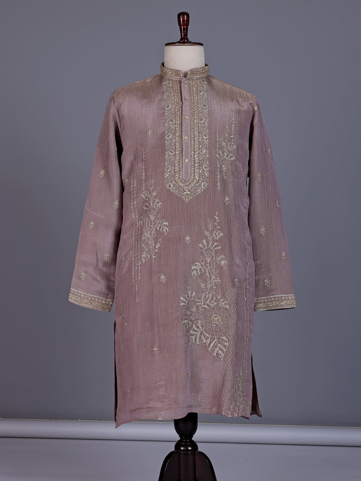 Pastel lavender purple mens kurta suit with cascading floral embellishments