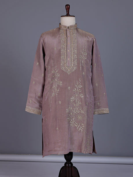 Pastel lavender purple mens kurta suit with cascading floral embellishments
