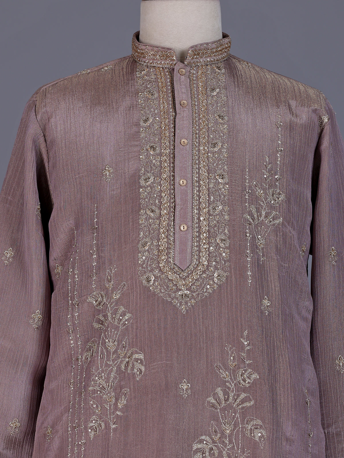 Pastel lavender purple mens kurta suit with cascading floral embellishments