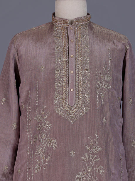 Pastel lavender purple mens kurta suit with cascading floral embellishments
