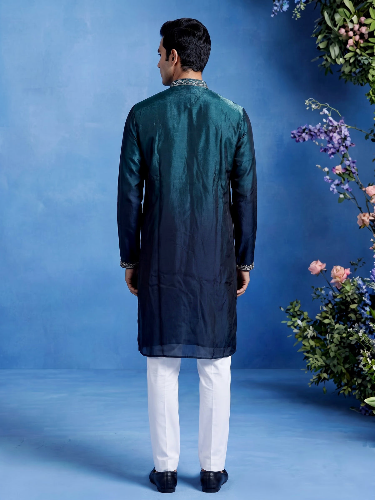Peacock green micro velvet mens kurta suit with silver embellished yoke