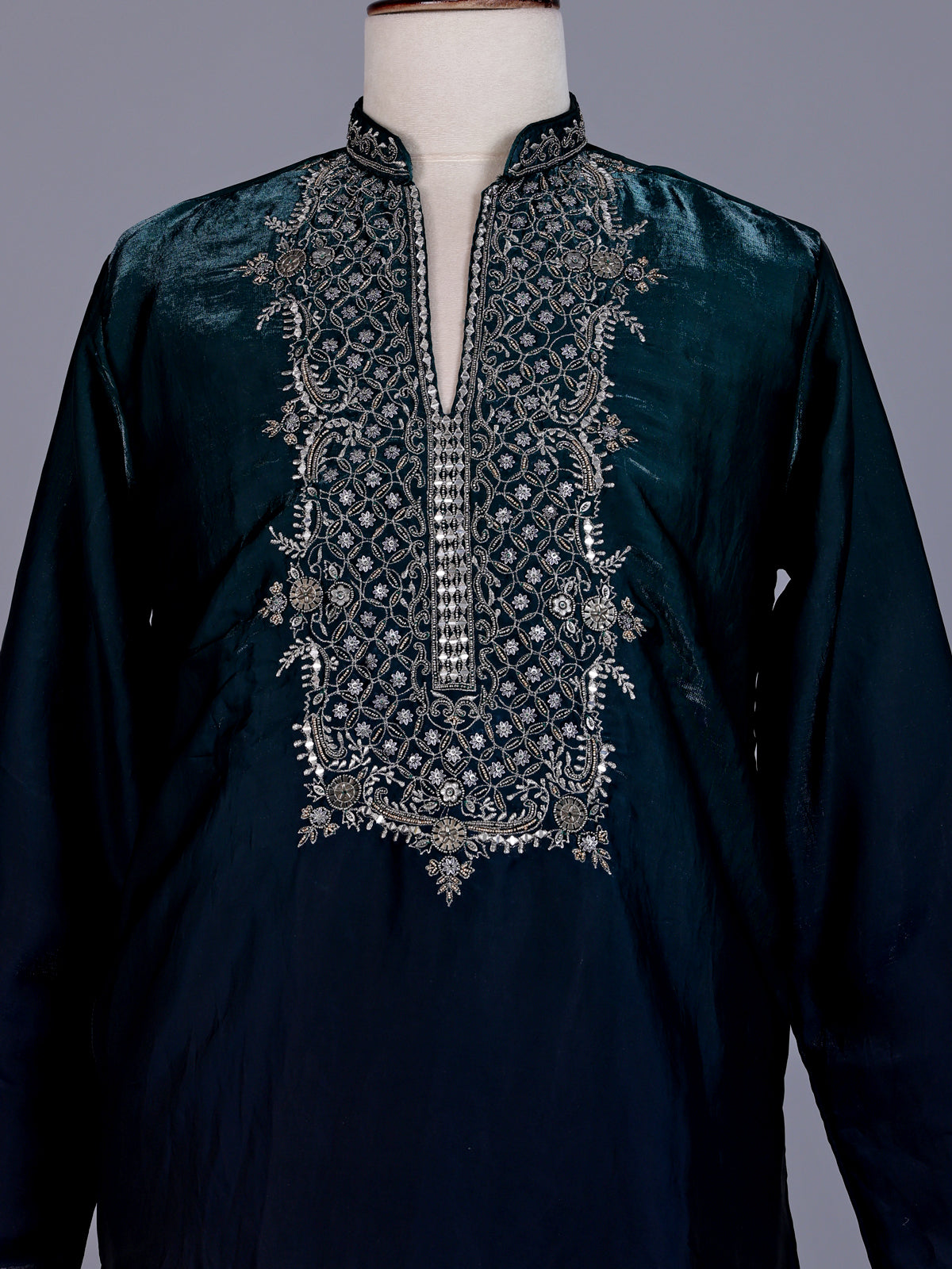Peacock green micro velvet mens kurta suit with silver embellished yoke