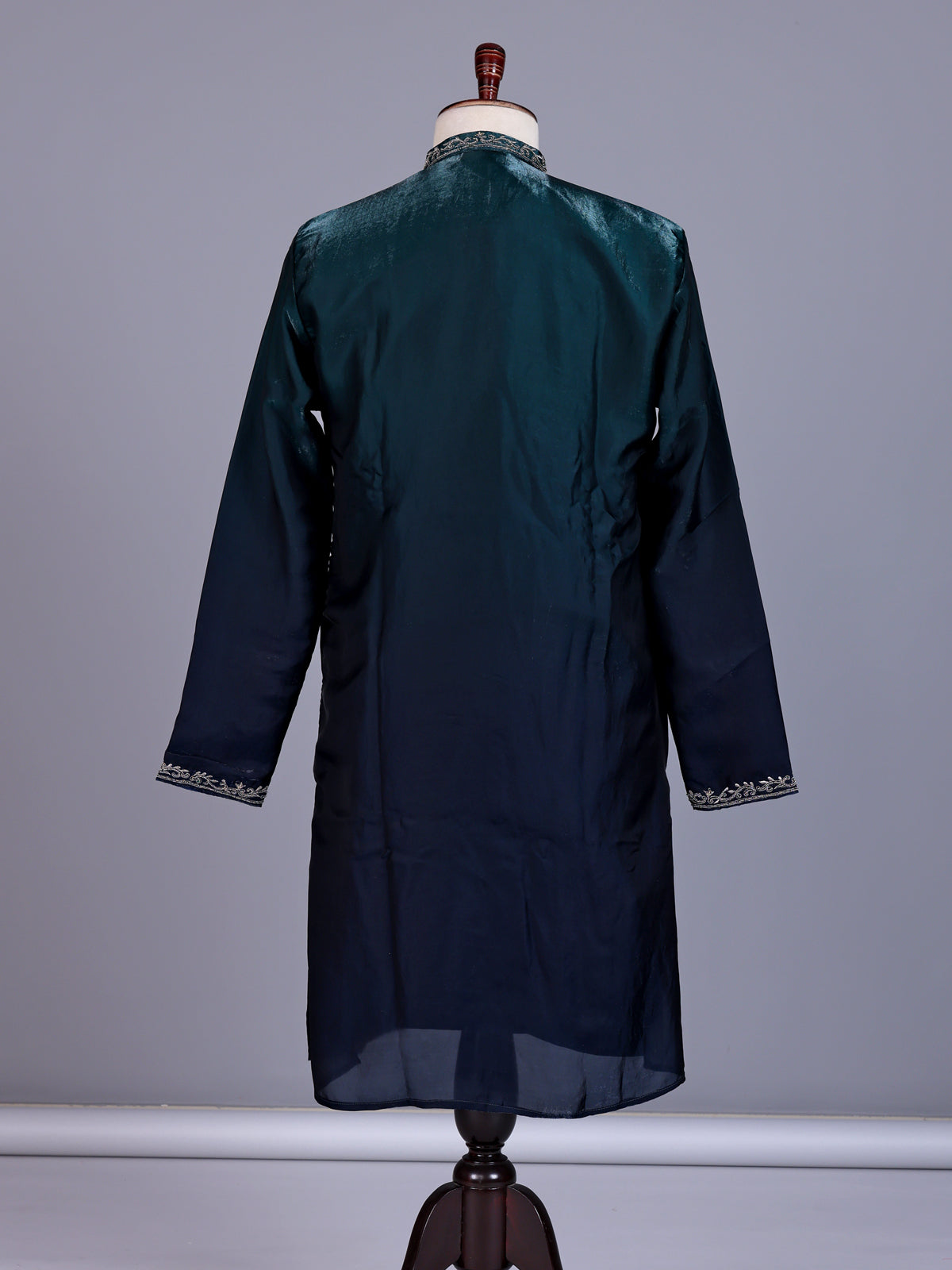 Peacock green micro velvet mens kurta suit with silver embellished yoke