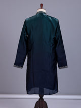 Peacock green micro velvet mens kurta suit with silver embellished yoke