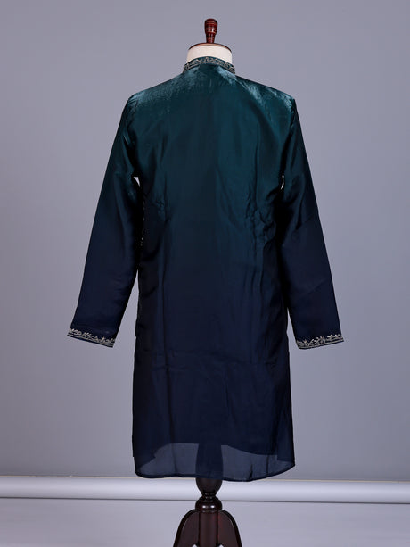 Peacock green micro velvet mens kurta suit with silver embellished yoke