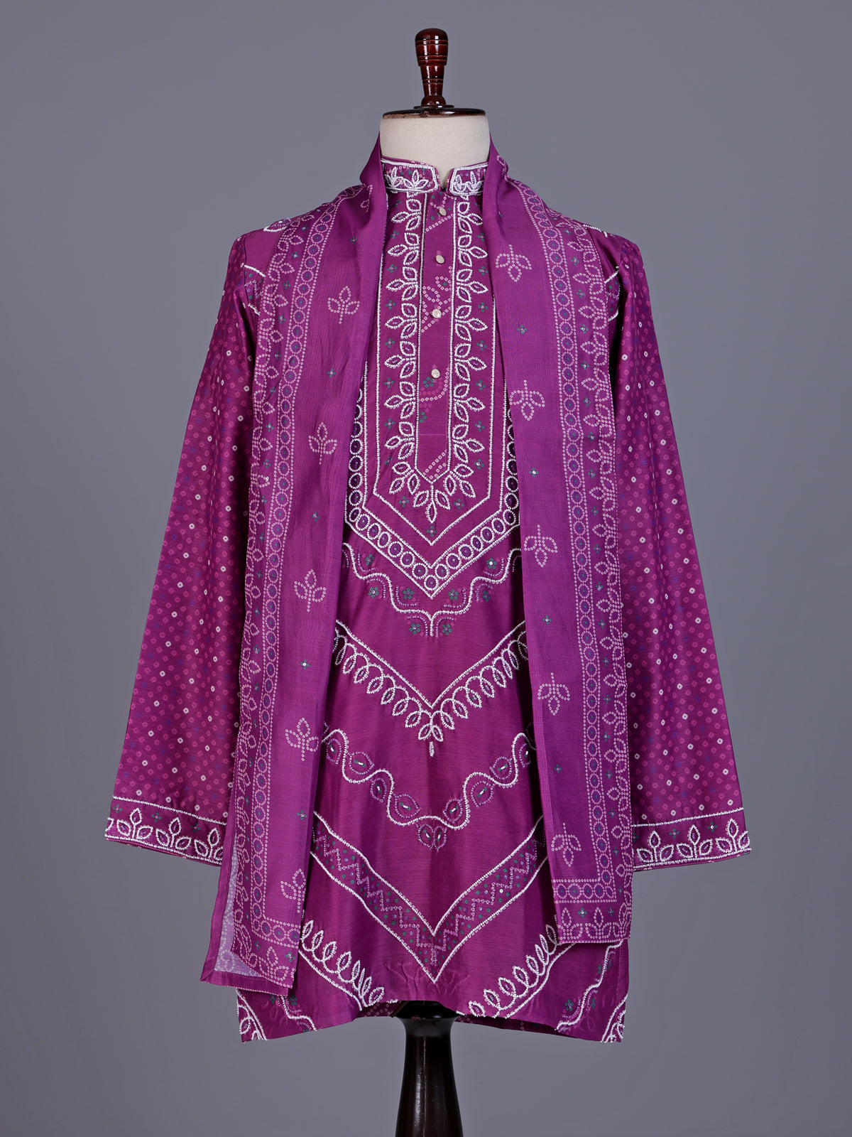 Lavender purple mens Chanderi Blend kurta suit with bandhani sequin detailing