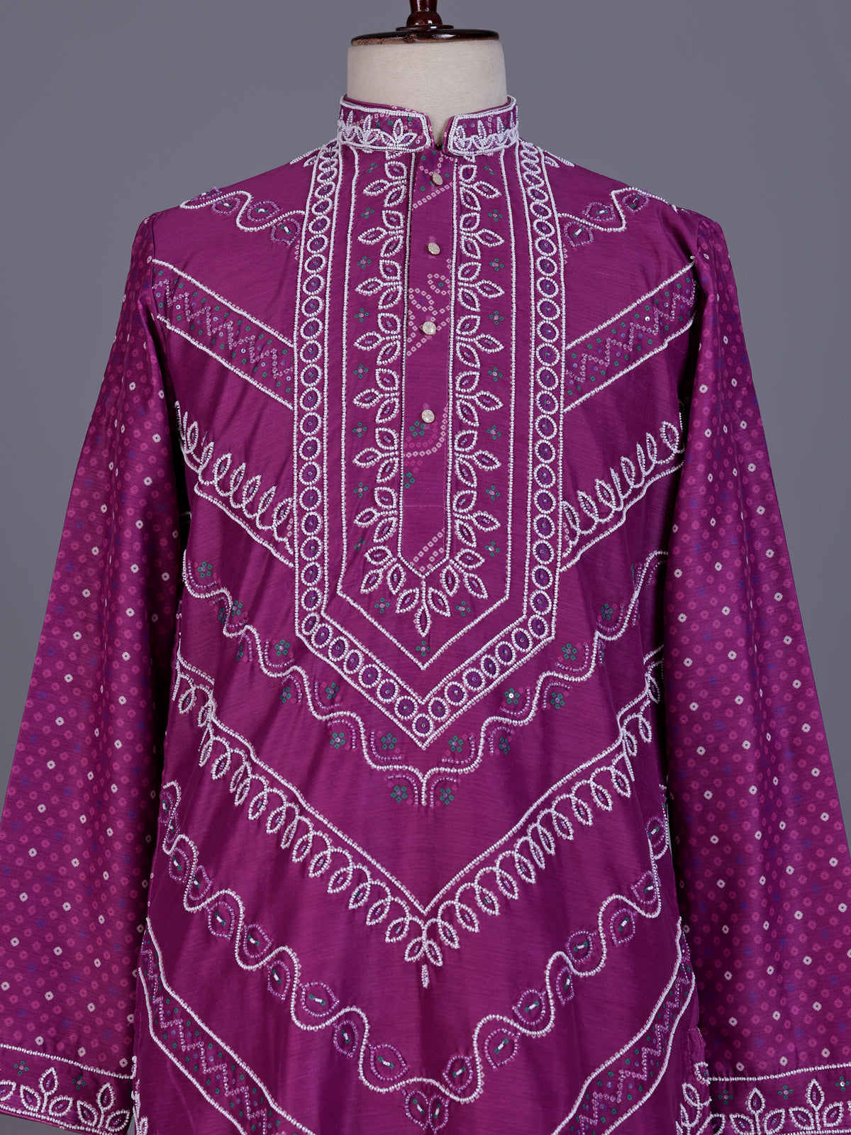 Lavender purple mens Chanderi Blend kurta suit with bandhani sequin detailing