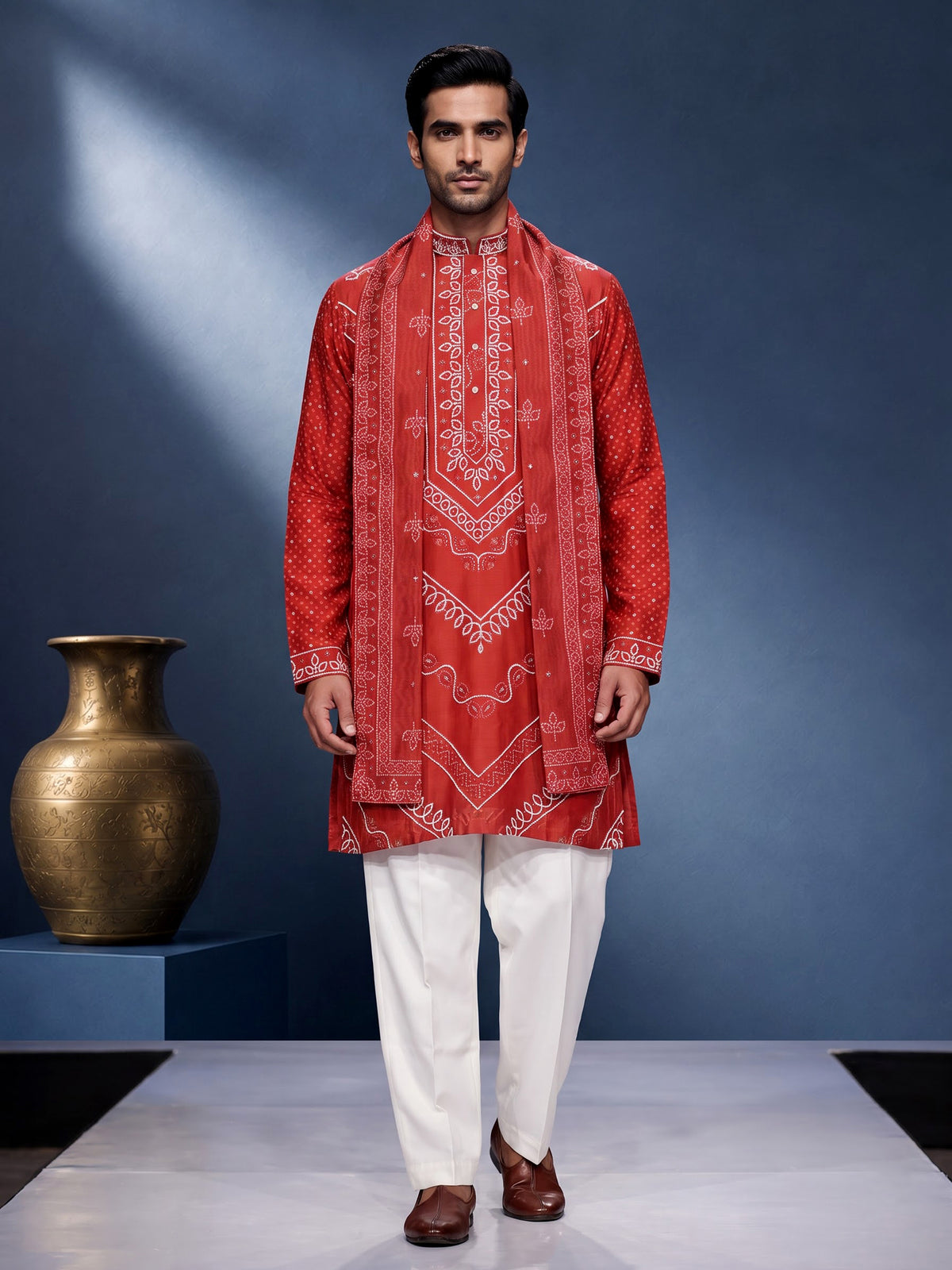Orange Chanderi Blend mens kurta suit with bandhani print and sequin borders
