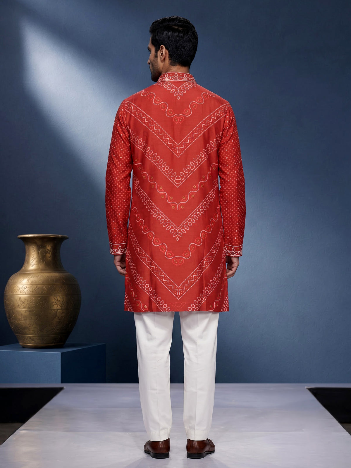 Orange Chanderi Blend mens kurta suit with bandhani print and sequin borders