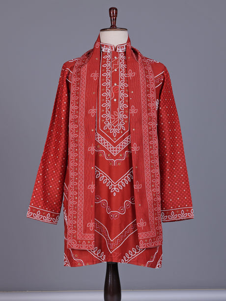 Orange Chanderi Blend mens kurta suit with bandhani print and sequin borders