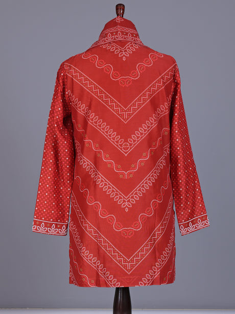 Orange Chanderi Blend mens kurta suit with bandhani print and sequin borders