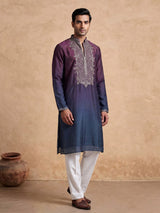Wine and blue Dupion Silk Blend mens kurta suit with ornate embellished neckline