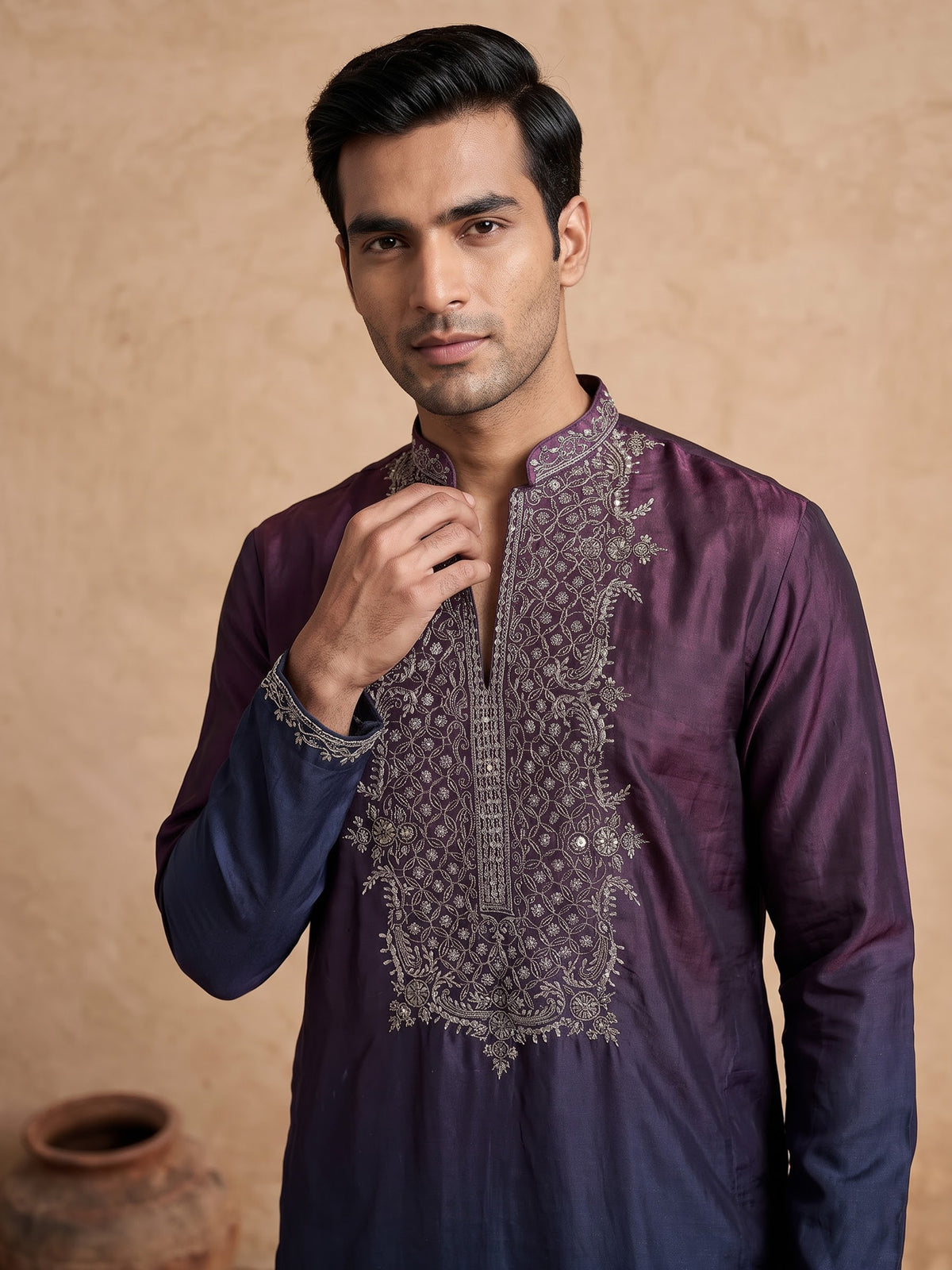Wine and blue Dupion Silk Blend mens kurta suit with ornate embellished neckline