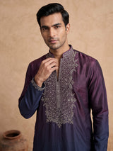 Wine and blue Dupion Silk Blend mens kurta suit with ornate embellished neckline