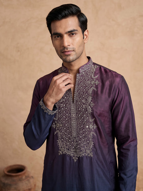Wine and blue Dupion Silk Blend mens kurta suit with ornate embellished neckline