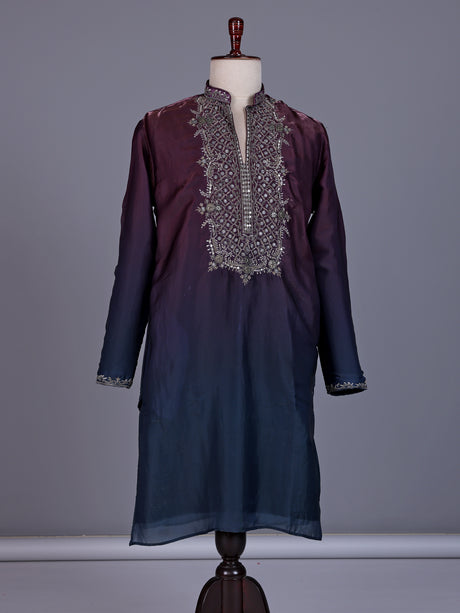 Wine and blue Dupion Silk Blend mens kurta suit with ornate embellished neckline