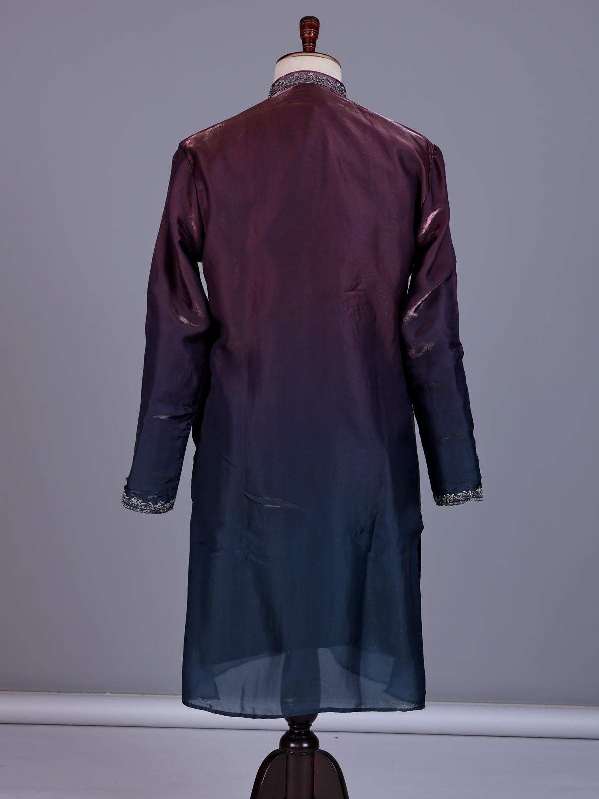 Wine and blue Dupion Silk Blend mens kurta suit with ornate embellished neckline