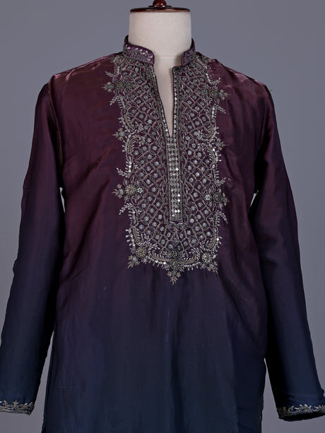 Wine and blue Dupion Silk Blend mens kurta suit with ornate embellished neckline