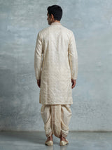 Cream Jacquard mens dhoti suit with zari sequin stole detailing