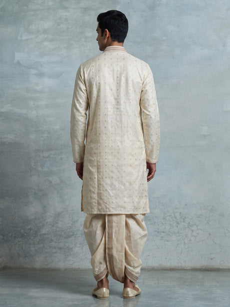 Cream Jacquard mens dhoti suit with zari sequin stole detailing