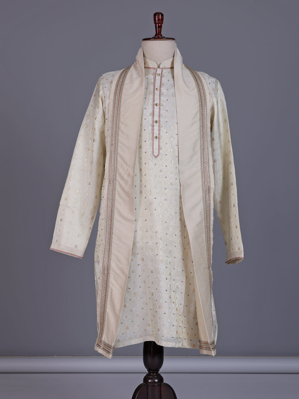 Cream Jacquard mens dhoti suit with zari sequin stole detailing