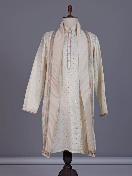 Cream Jacquard mens dhoti suit with zari sequin stole detailing