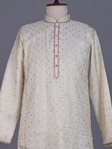 Cream Jacquard mens dhoti suit with zari sequin stole detailing