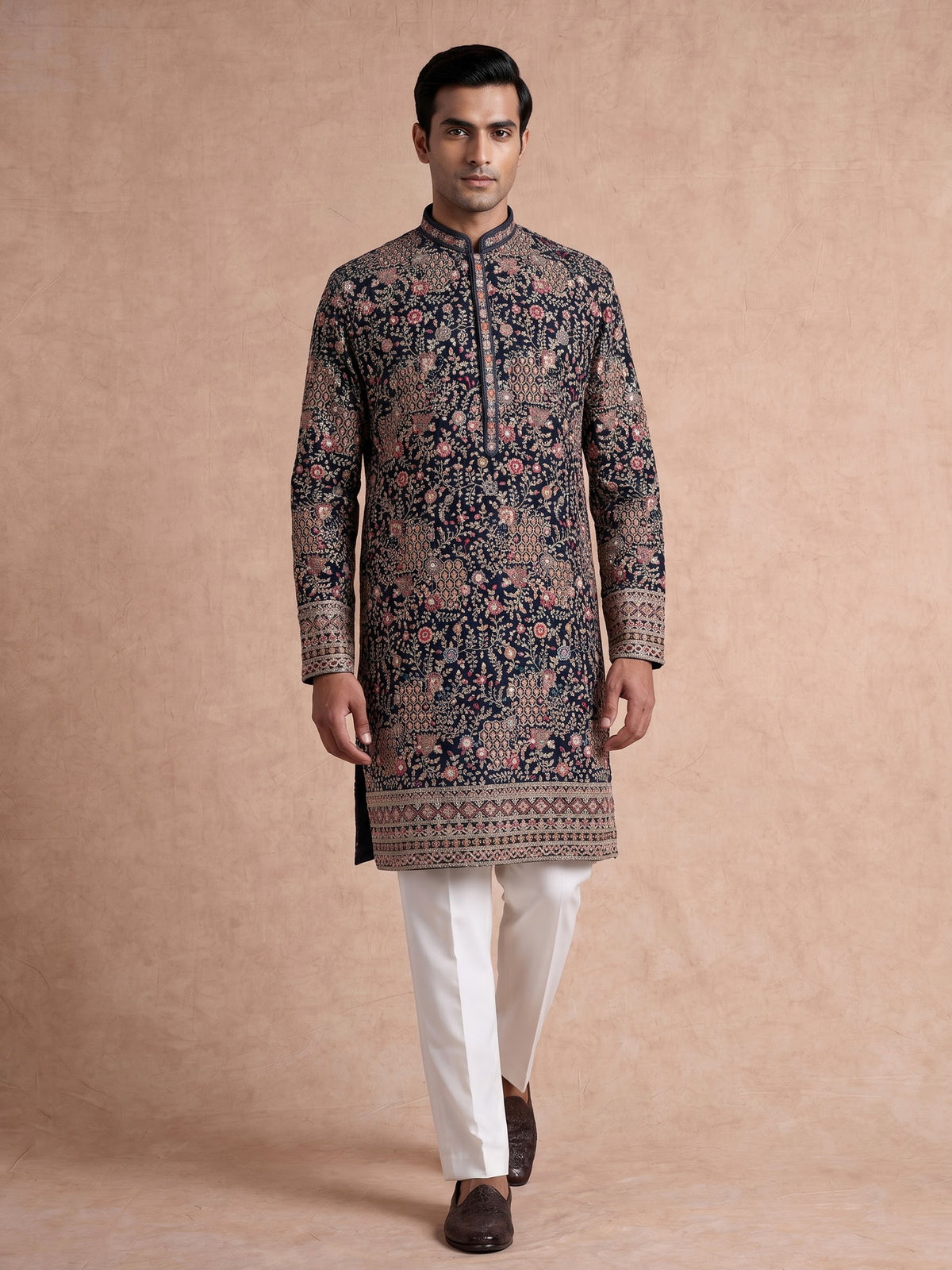 Teal green georgette silk mens kurta suit with mirror embellishments