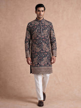 Teal green georgette silk mens kurta suit with mirror embellishments