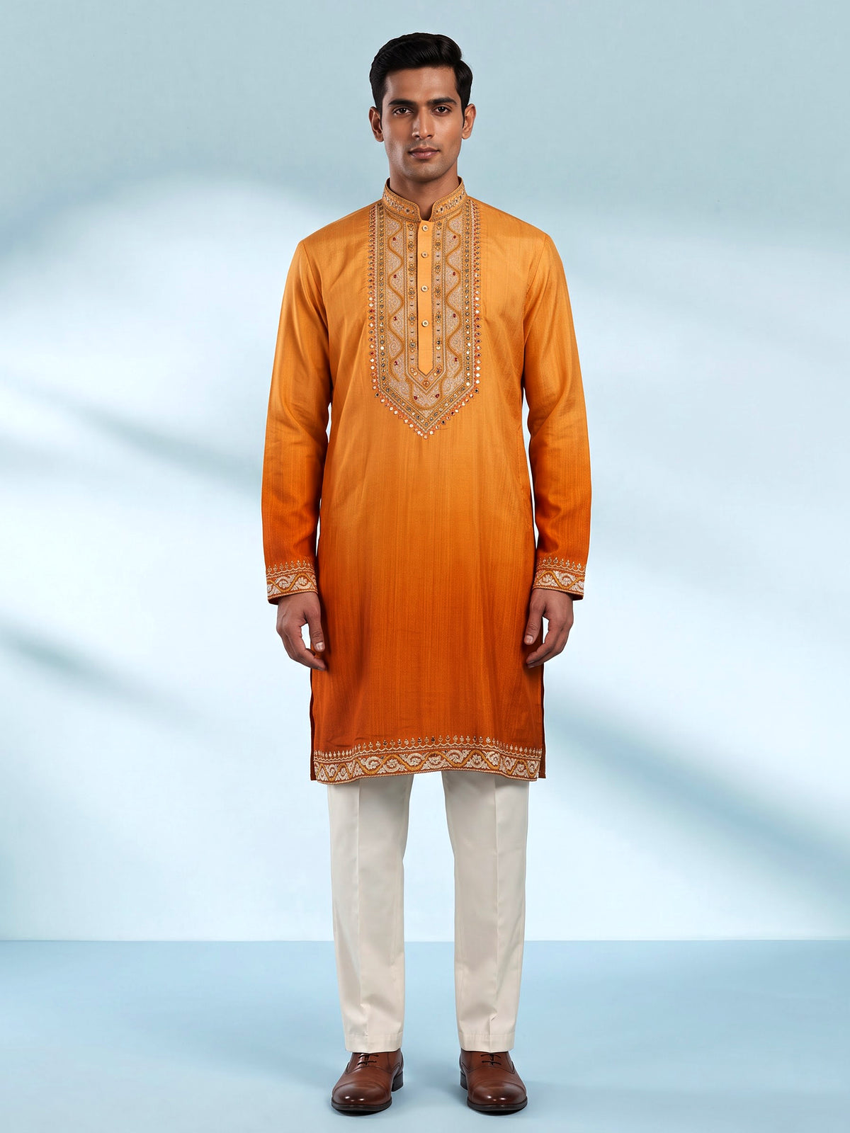 Orange silk blend mens kurta suit with mirror zardozi chevron yoke