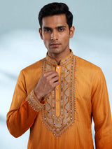 Orange silk blend mens kurta suit with mirror zardozi chevron yoke