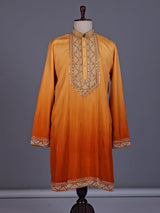 Orange silk blend mens kurta suit with mirror zardozi chevron yoke