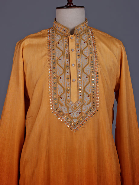 Orange silk blend mens kurta suit with mirror zardozi chevron yoke