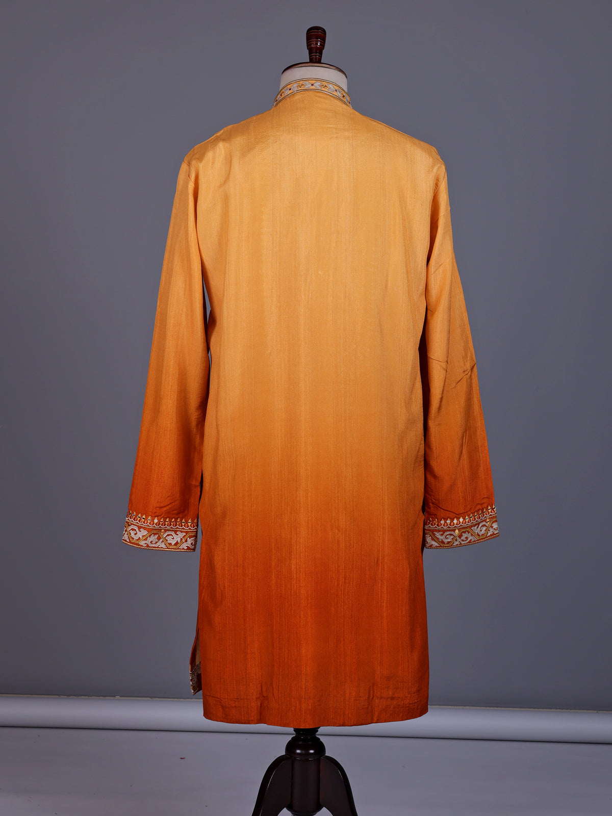 Orange silk blend mens kurta suit with mirror zardozi chevron yoke