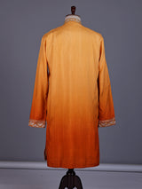 Orange silk blend mens kurta suit with mirror zardozi chevron yoke